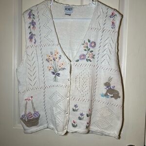 Vintage Koret Embroidered Knit Sweater Vest Floral Bunny Easter Cottagecore